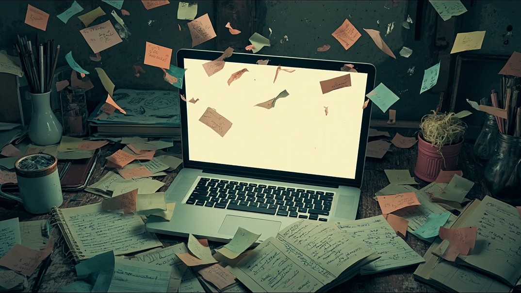 A desk of neglected, fading handwritten notes, with a few rising and flowing as a bright stream into a finished blog post on a laptop screen