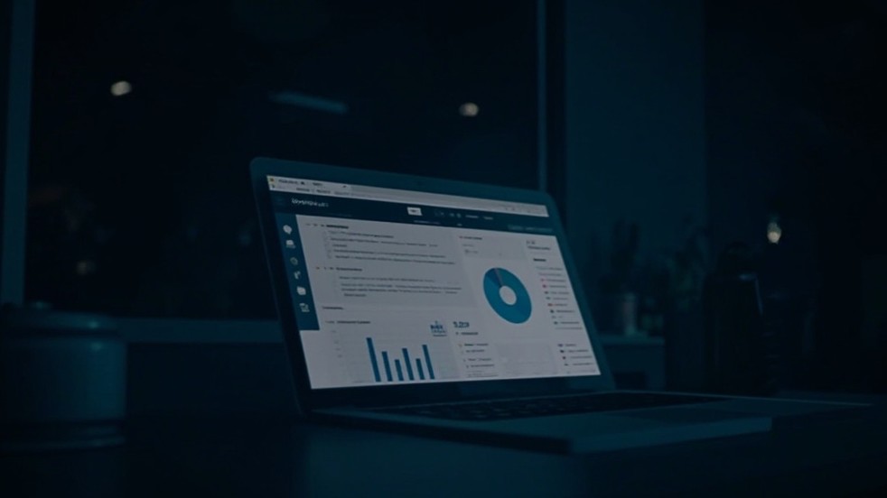 A laptop showing a dashboard of charts and graphs in a dark room