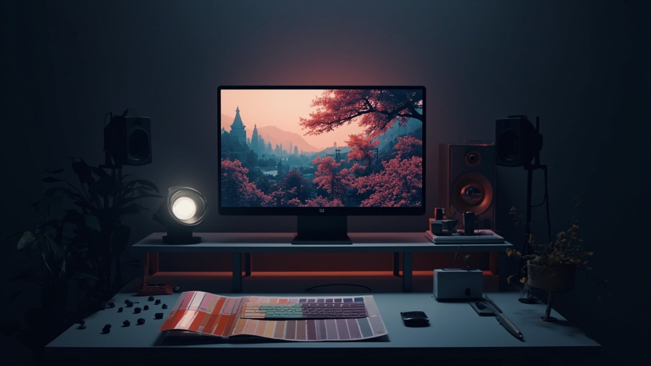 A monitor showing a palette-themed desktop, swatch strip beside it
