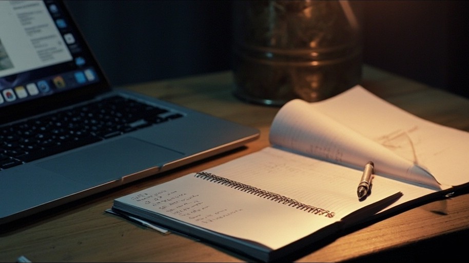 A laptop beside a notebook filling with handwritten observations