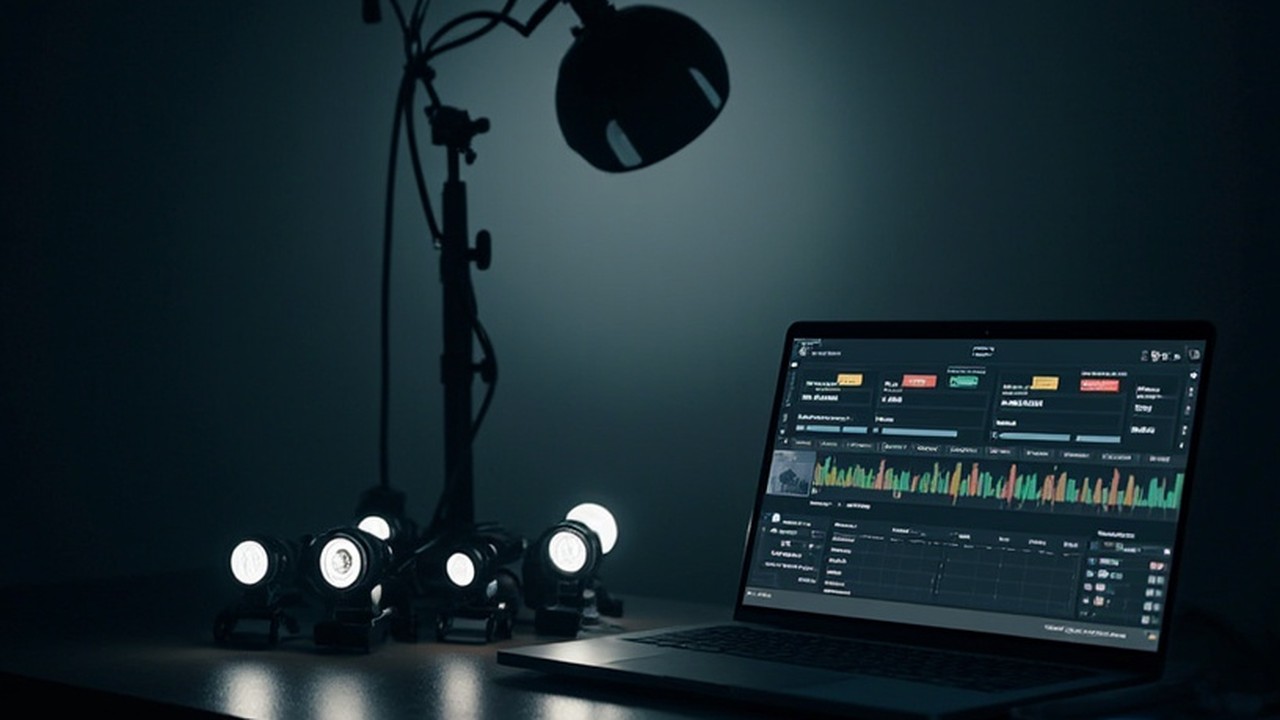 A laptop dashboard controlling networked studio key lights