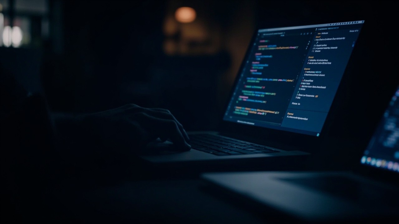 A laptop showing a code editor beside a memory panel