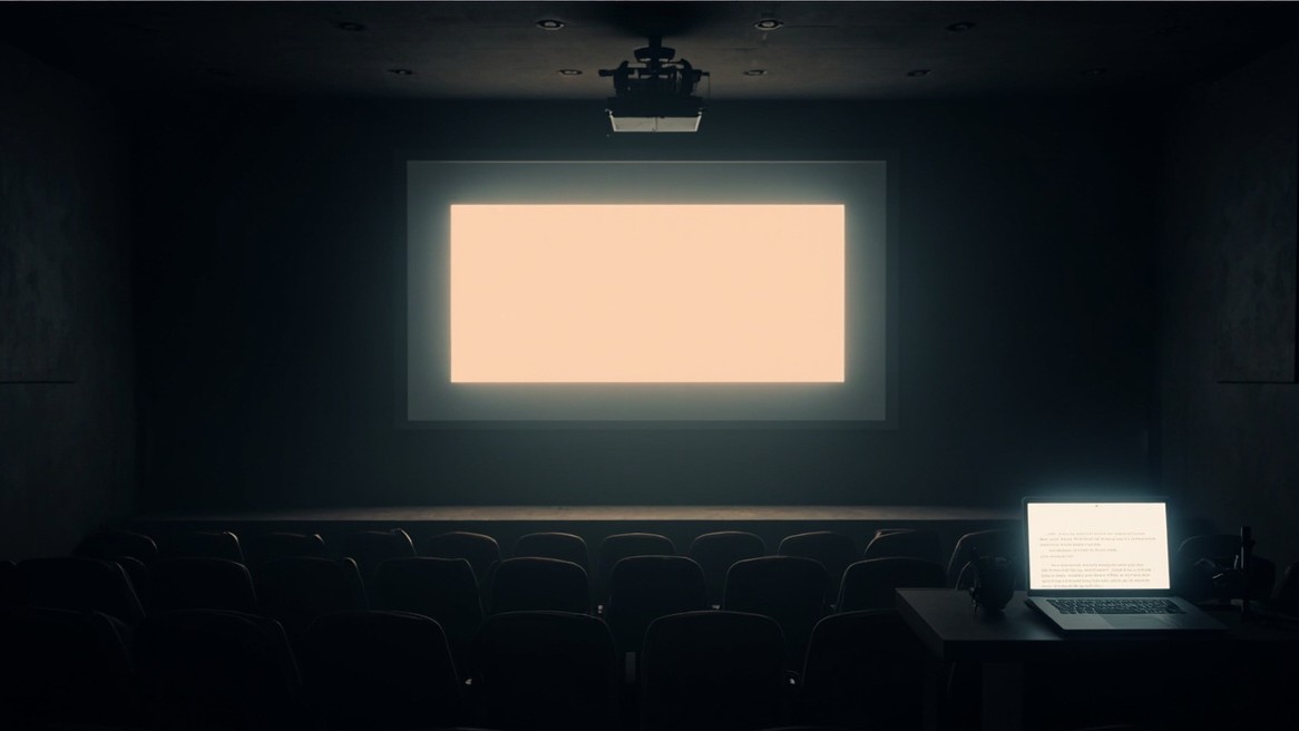 A darkened lecture theatre with a projector screen showing a single slide, and a laptop on the lectern showing the same content as a blog post