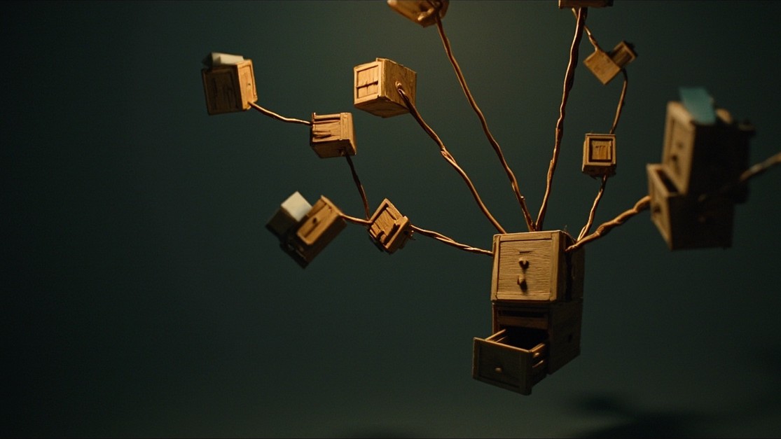 A tree of small filing cabinets, the topmost passing a folder down to the ones below