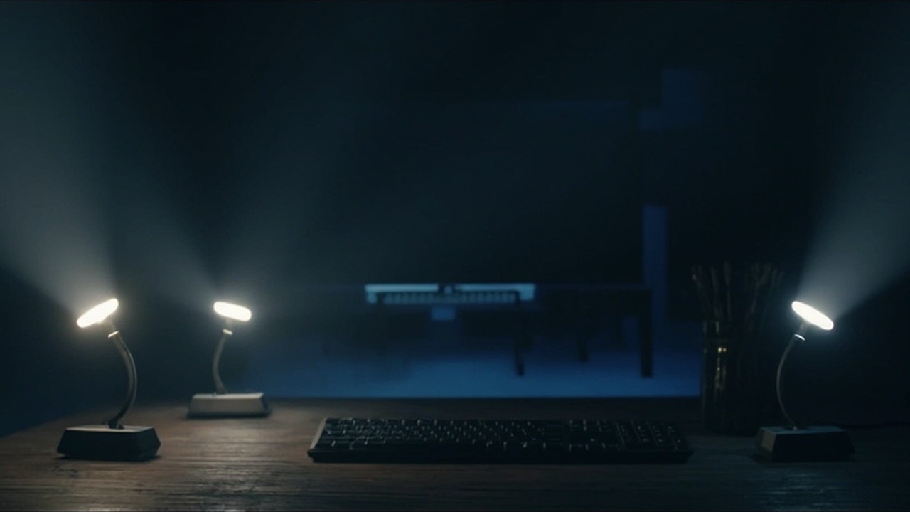 Two Elgato key lights on stands either side of a laptop