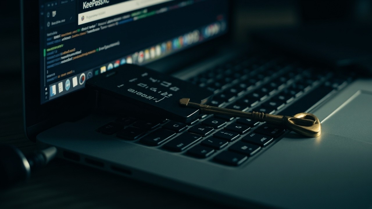 A laptop with KeePassXC open and a key beside it