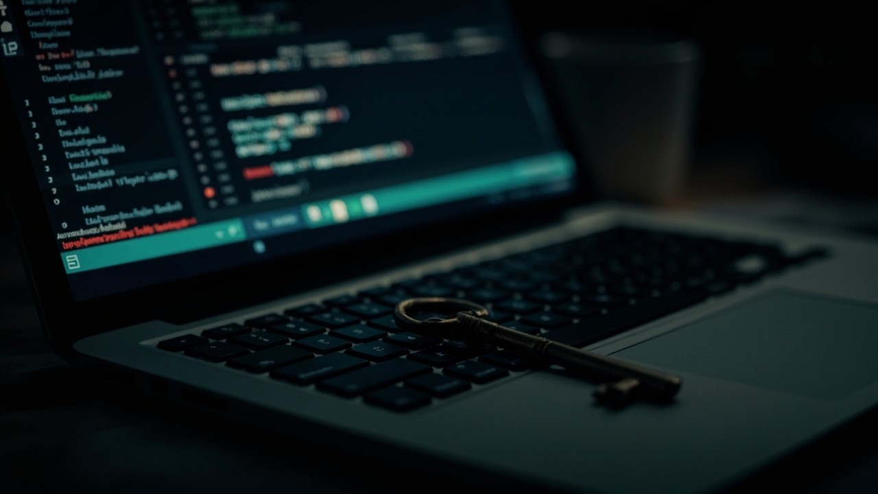 A laptop terminal listing SSH key files, a key on the keyboard