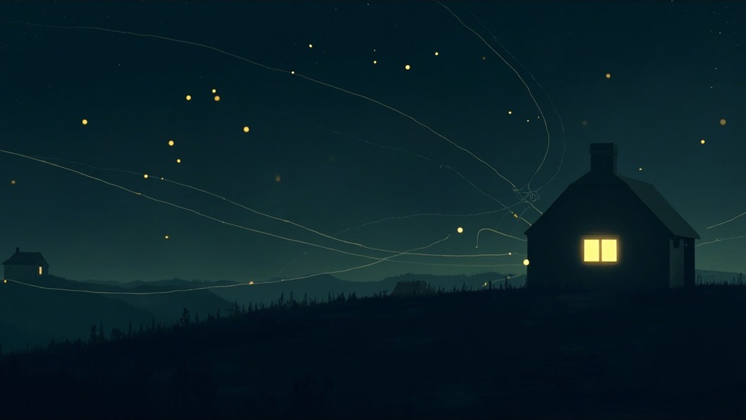 A single lit house linked by glowing threads to a scattering of distant houses, forming a web across the dark