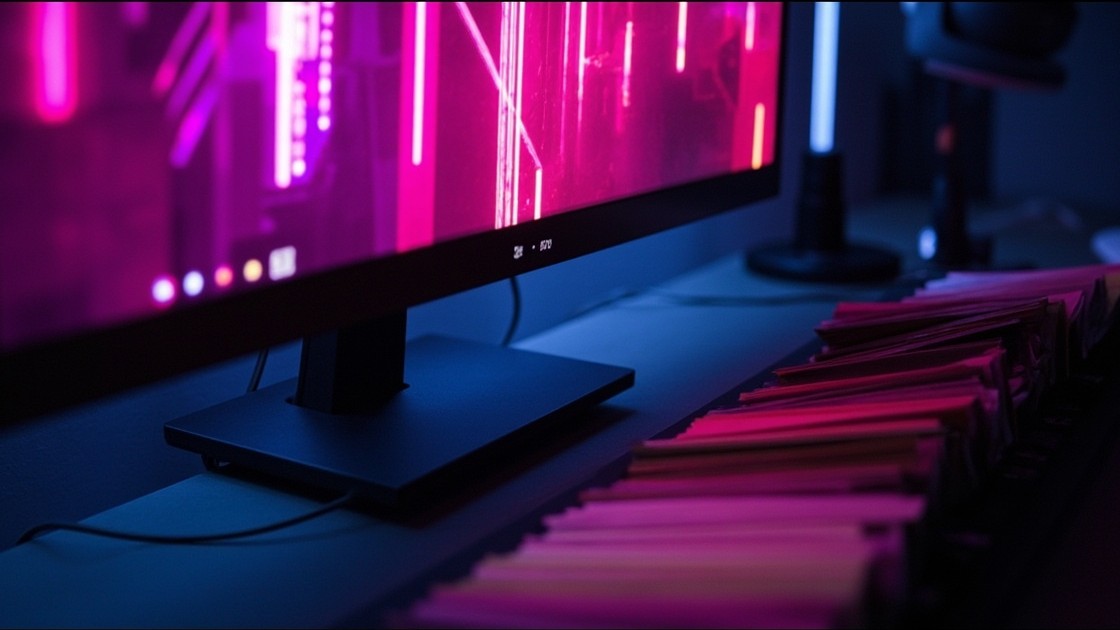 A monitor showing a neon wallpaper with extracted colour swatches beside the keyboard