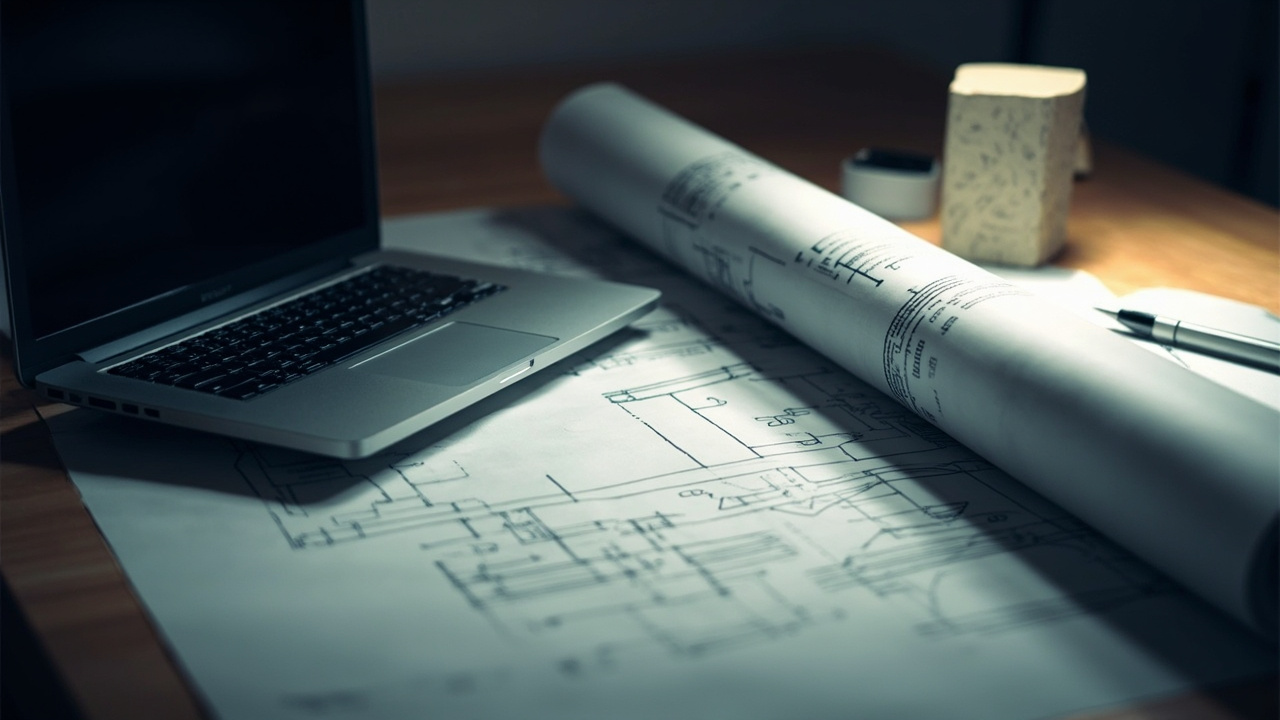 An architectural blueprint unrolled on a desk next to a laptop