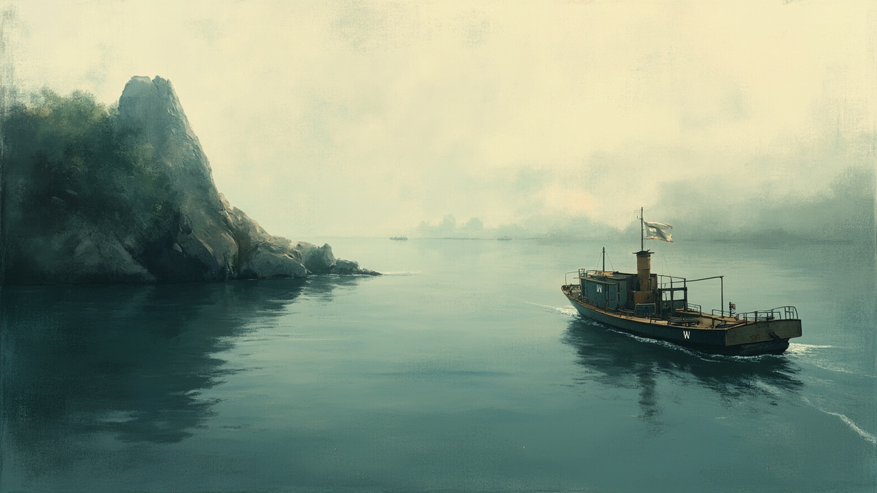 A small ferry carrying an envelope across water between two islands