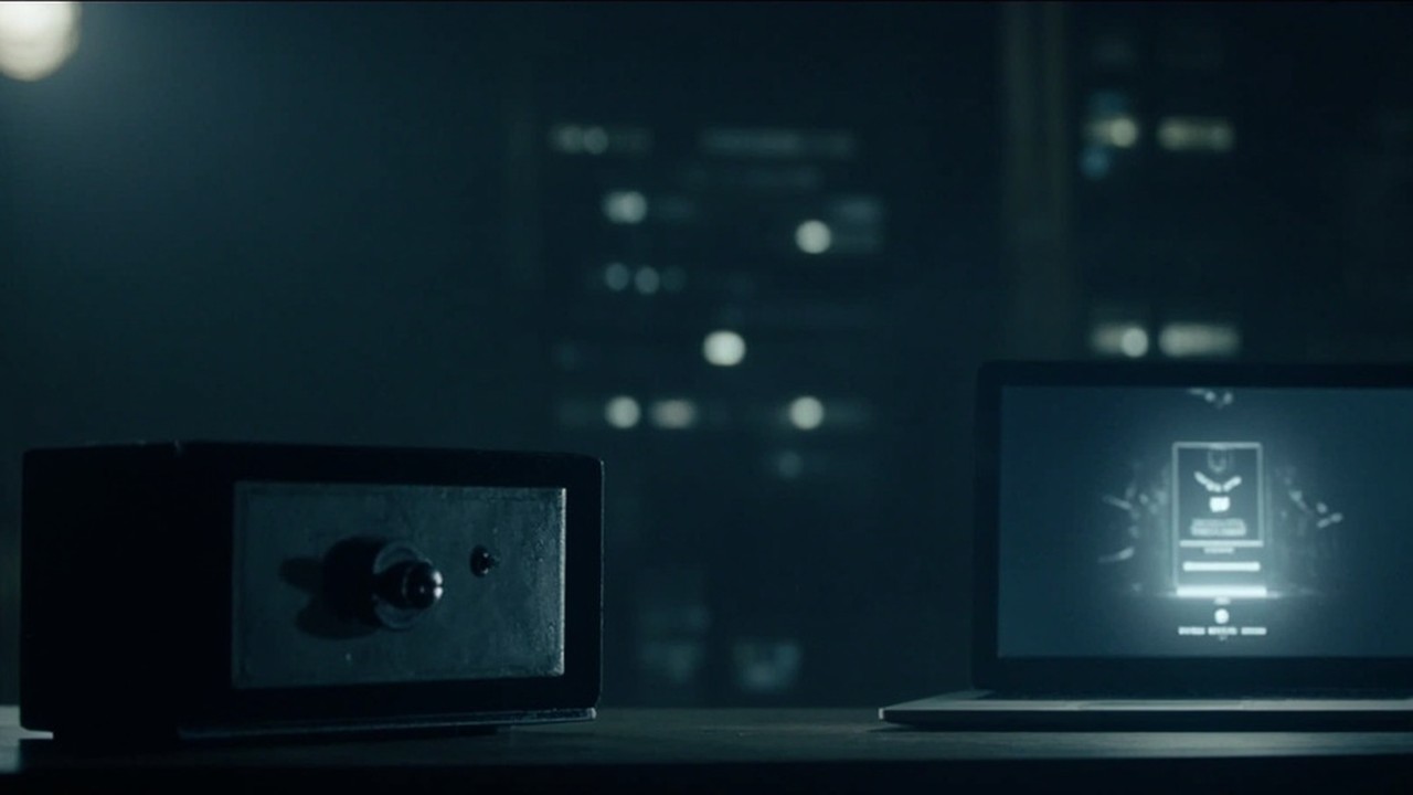 A small steel safe beside a laptop login screen