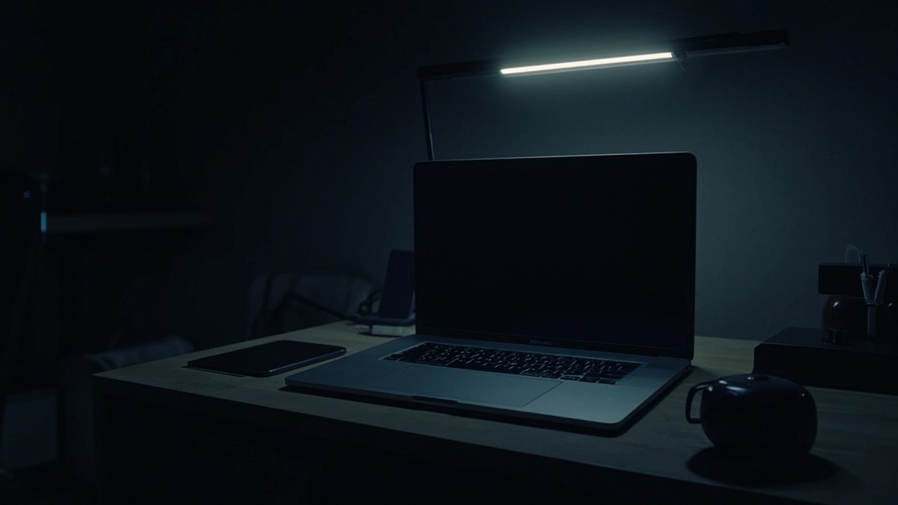 A laptop with a slim status bar glowing along the top of the screen