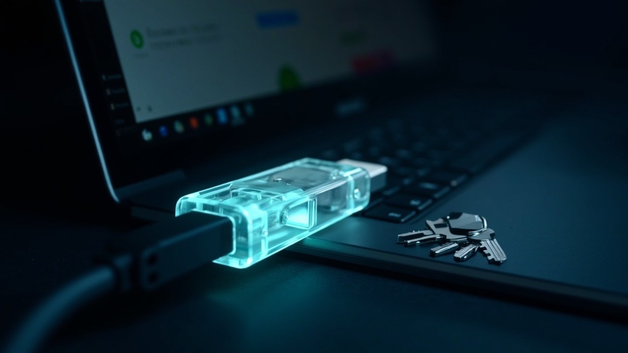 A once-phantom security key now solid and connected, a browser success tick, a ring of keys alongside