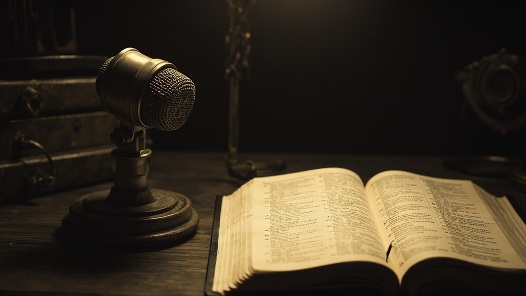 A ribbon microphone beside an open dictionary of phonetic symbols under a pool of warm light