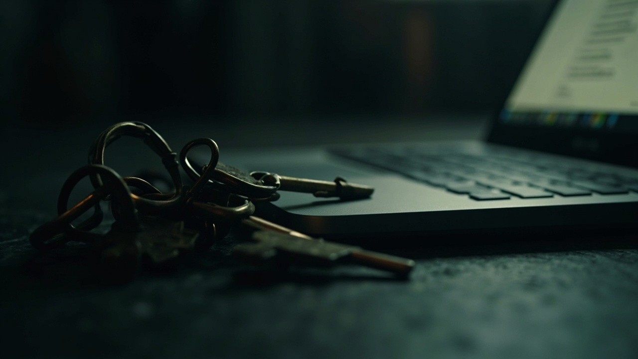An old brass keyring beside a laptop listing secrets